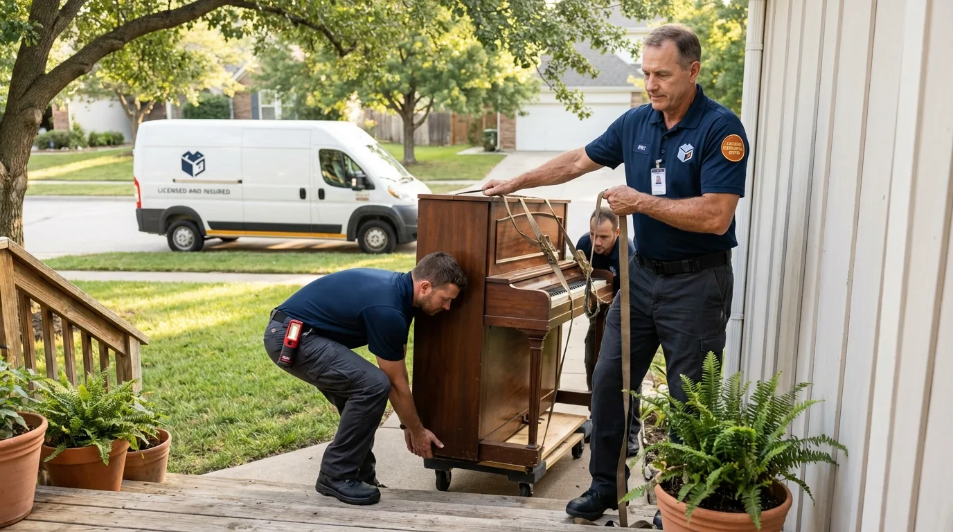Licensed piano movers securing grand piano in Whitestone, NY